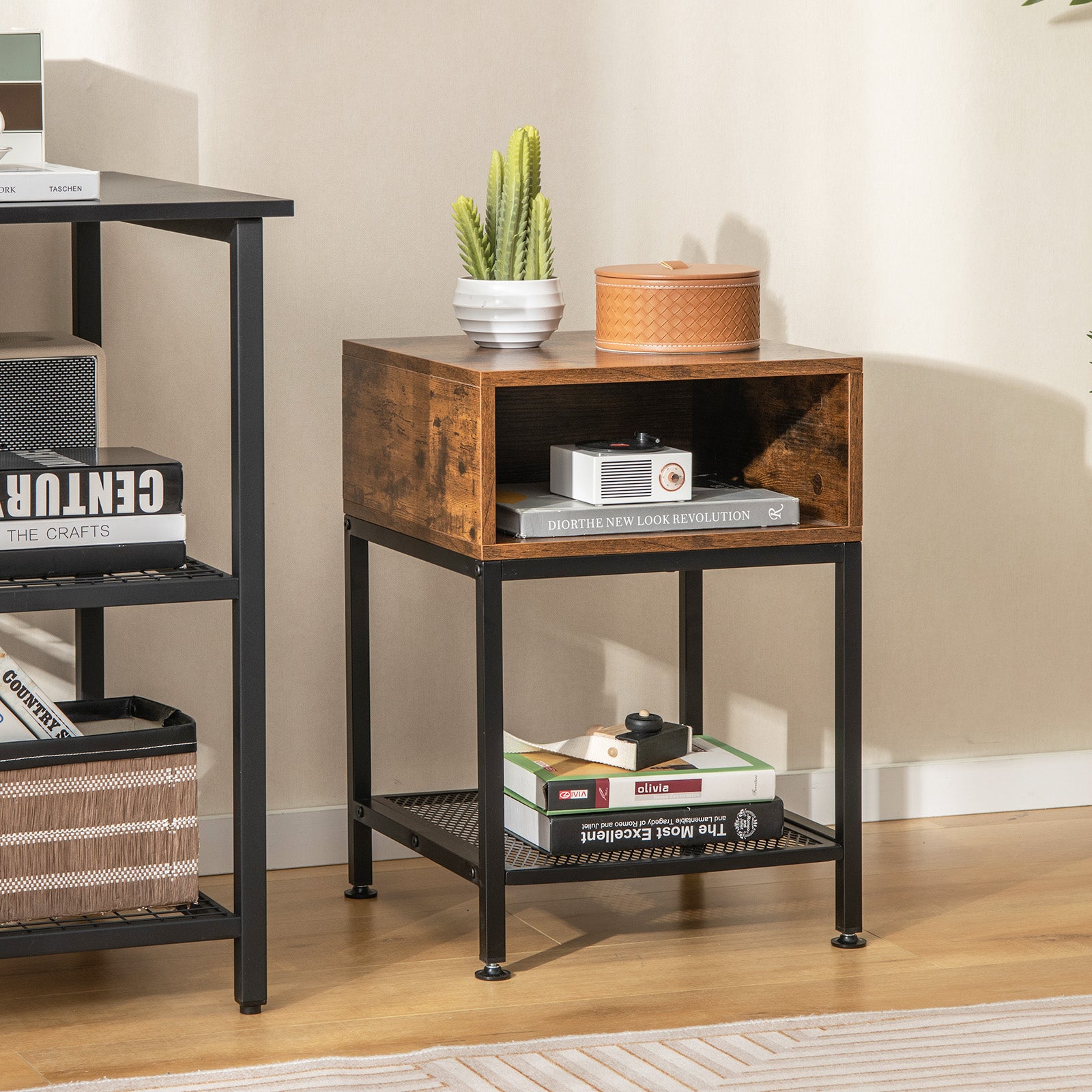 Industrial Nightstand End Side Table with Mesh Shelf Nightstands at Gallery Canada