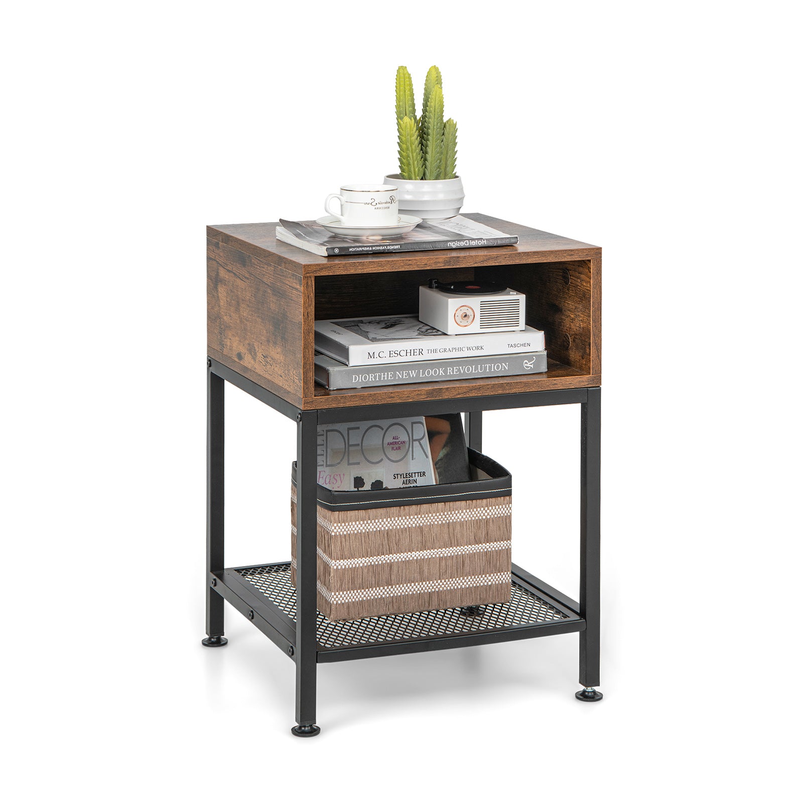 Industrial Nightstand End Side Table with Mesh Shelf Nightstands at Gallery Canada