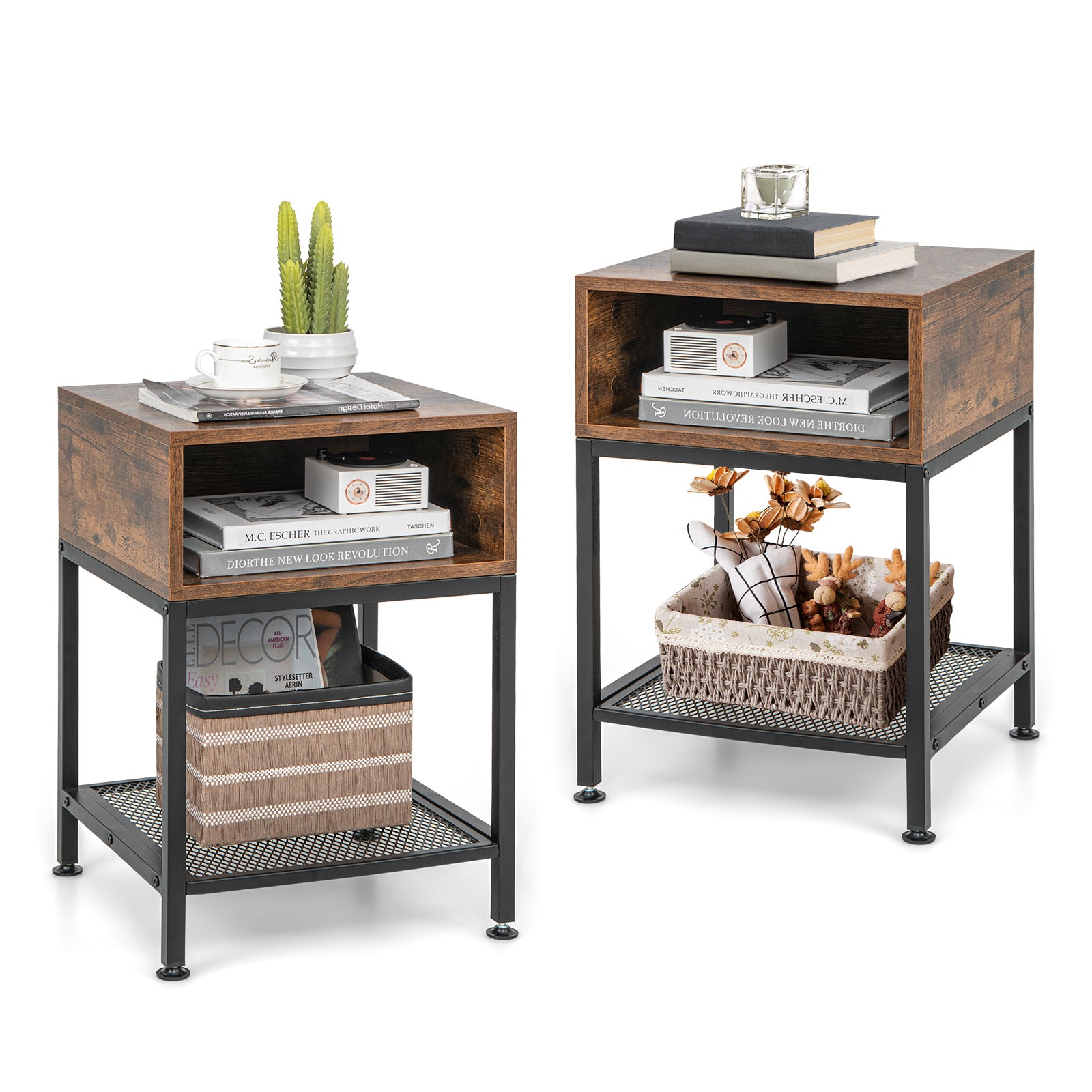 Industrial Nightstand End Side Table with Mesh Shelf Nightstands at Gallery Canada