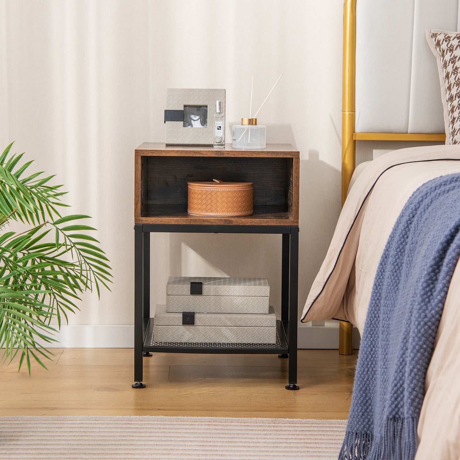 Industrial Nightstand End Side Table with Mesh Shelf Nightstands at Gallery Canada