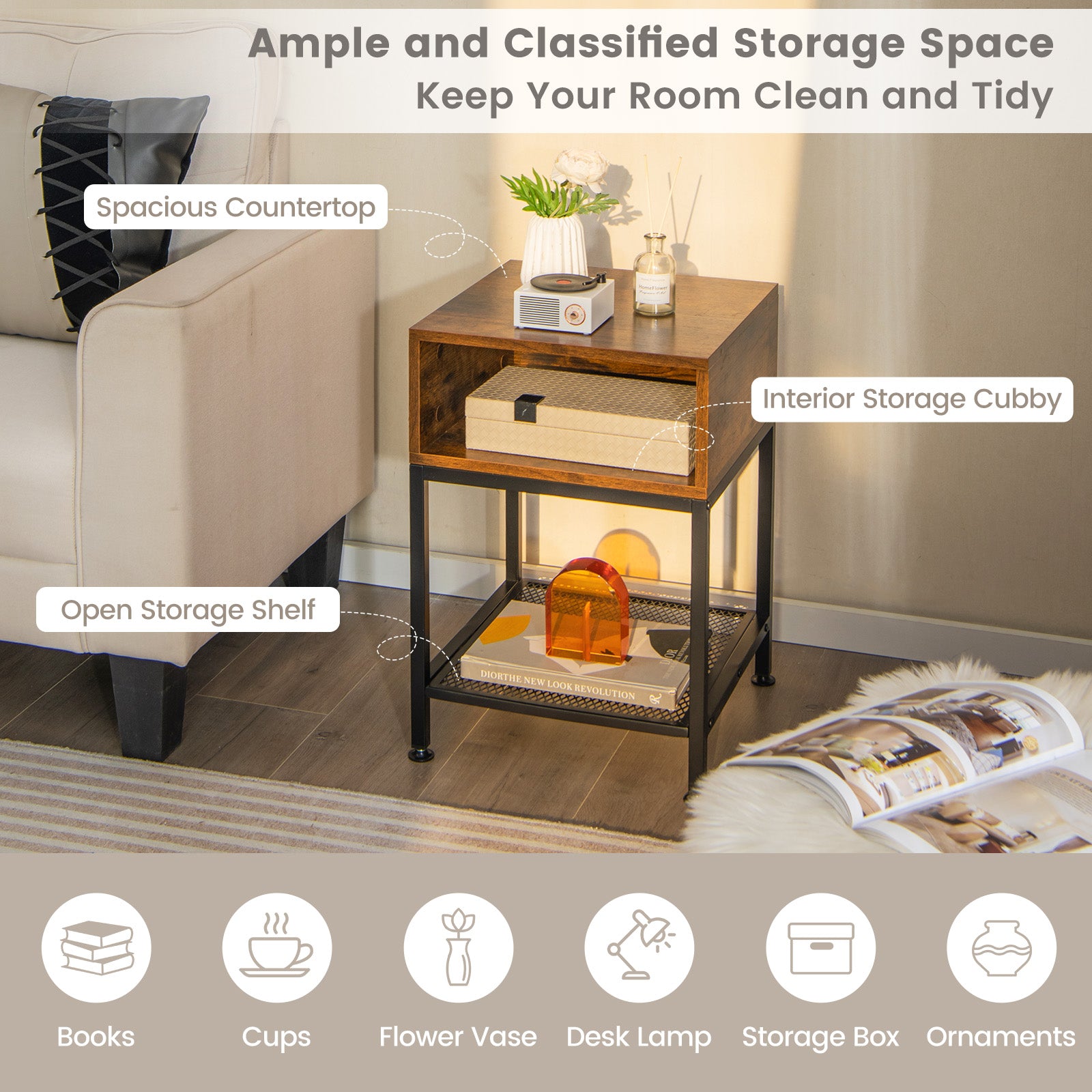 Industrial Nightstand End Side Table with Mesh Shelf Nightstands at Gallery Canada