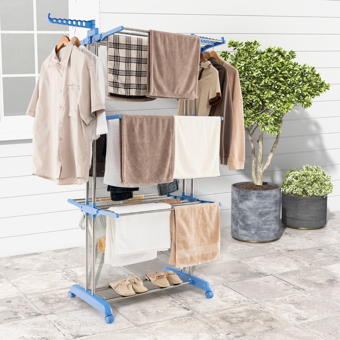 4-tier Folding Clothes Drying Rack with Rotatable Side Wings, Blue