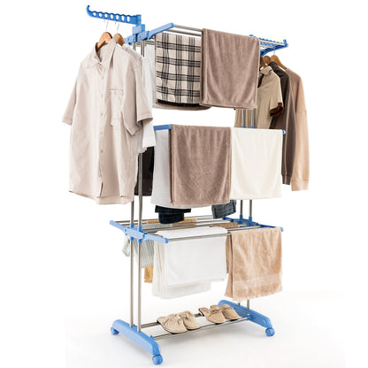 4-tier Folding Clothes Drying Rack with Rotatable Side Wings, Blue
