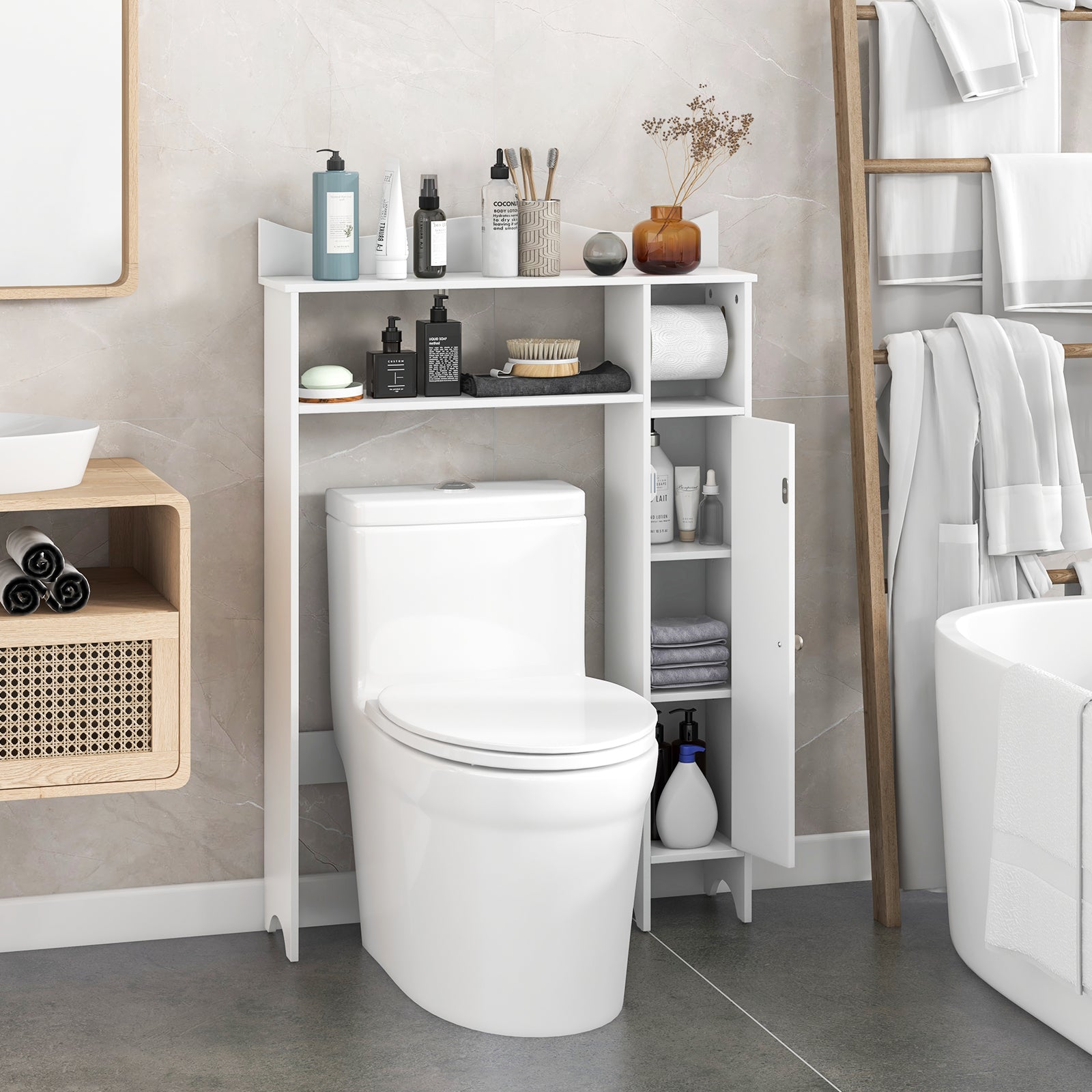 Wood Over Toilet Space Saver, Paper Holder And Shelf, White Bathroom Etagere at Gallery Canada