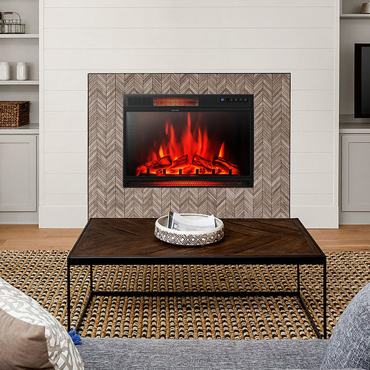 28 Inch Electric Freestanding Recessed Fireplace, Black Fireplaces Black at Gallery Canada