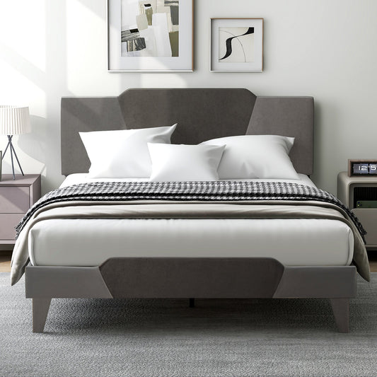 Full/Queen/Twin Velvet Upholstered Bed Frame with High Headboard-Queen Size, Gray - Gallery Canada