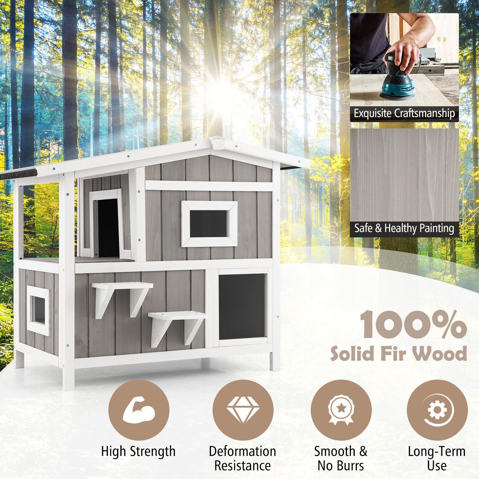 Outdoor 2-Story Wooden Feral Cat House with Escape Door, Gray - Gallery Canada