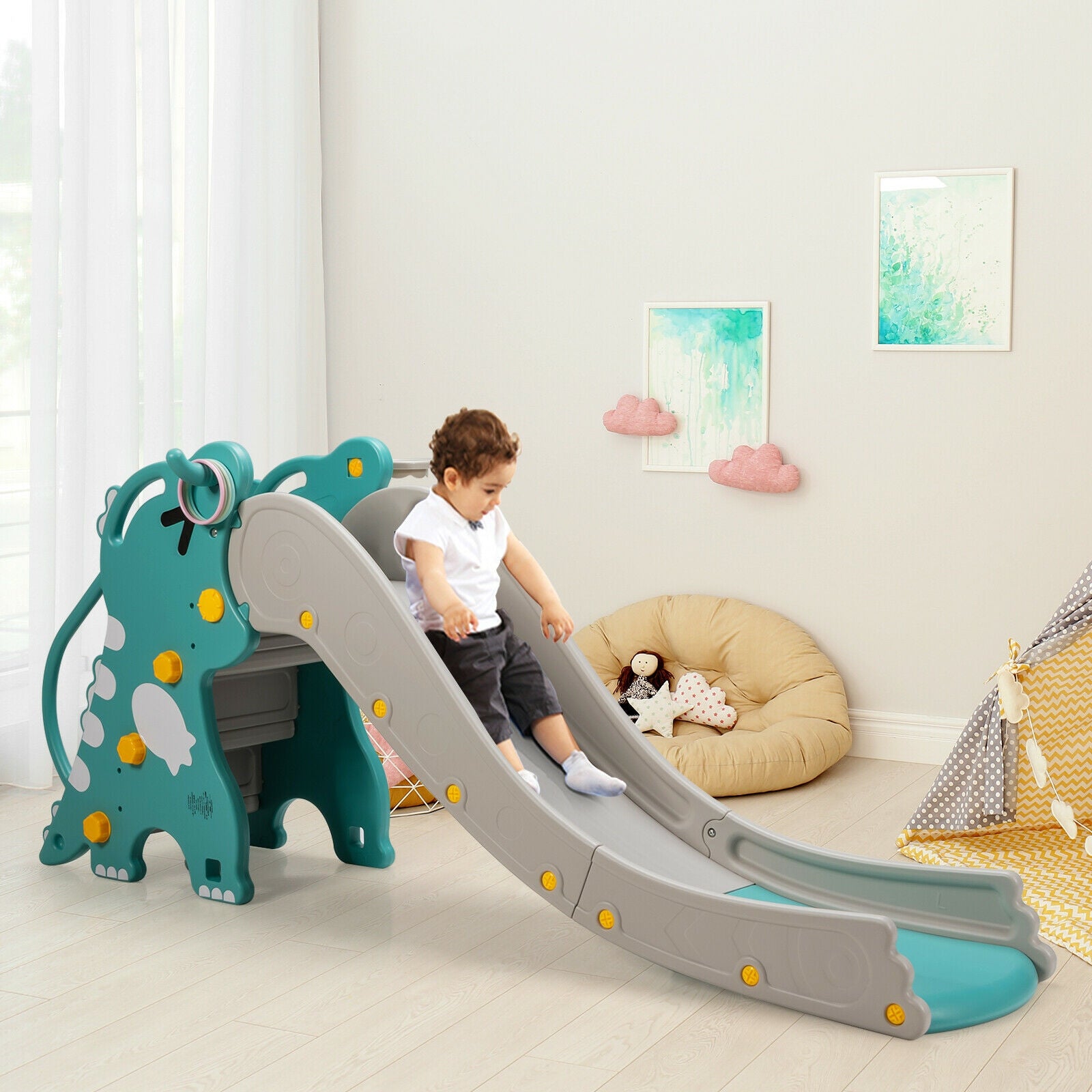 4-in-1 Kids Climber Slide Play Set with Basketball Hoop, Green Climbers & Slides at Gallery Canada