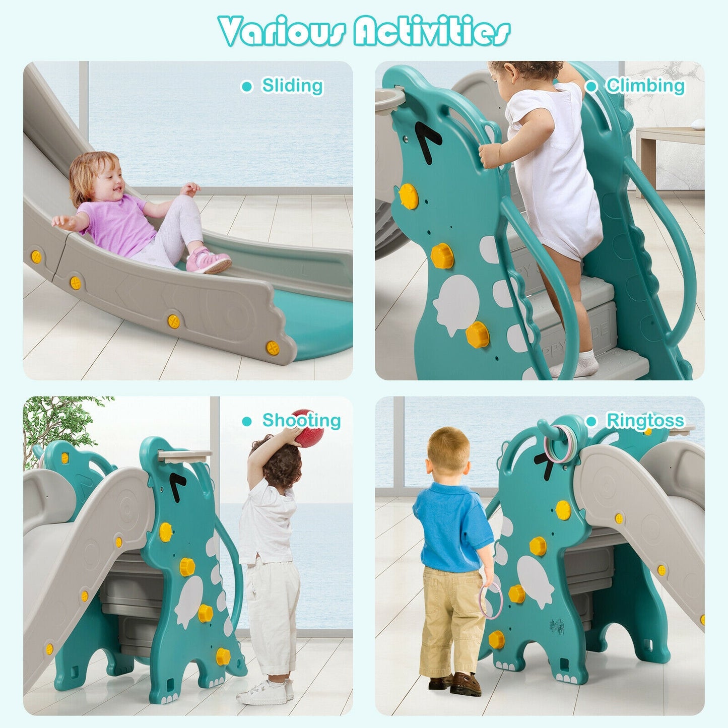 4-In-1 Kids Climber Slide Play Set, Basketball Hoop, Green Climbers & Slides at Gallery Canada