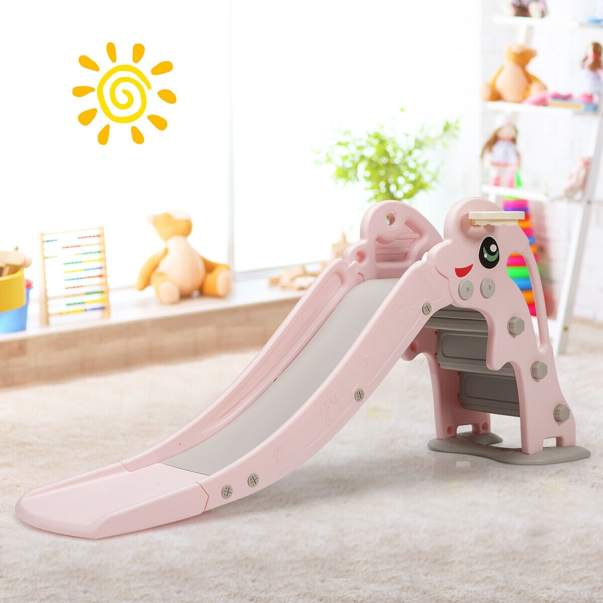 3-in-1 Kids Climber Slide Play Set  with Basketball Hoop and Ball, Pink - Gallery Canada