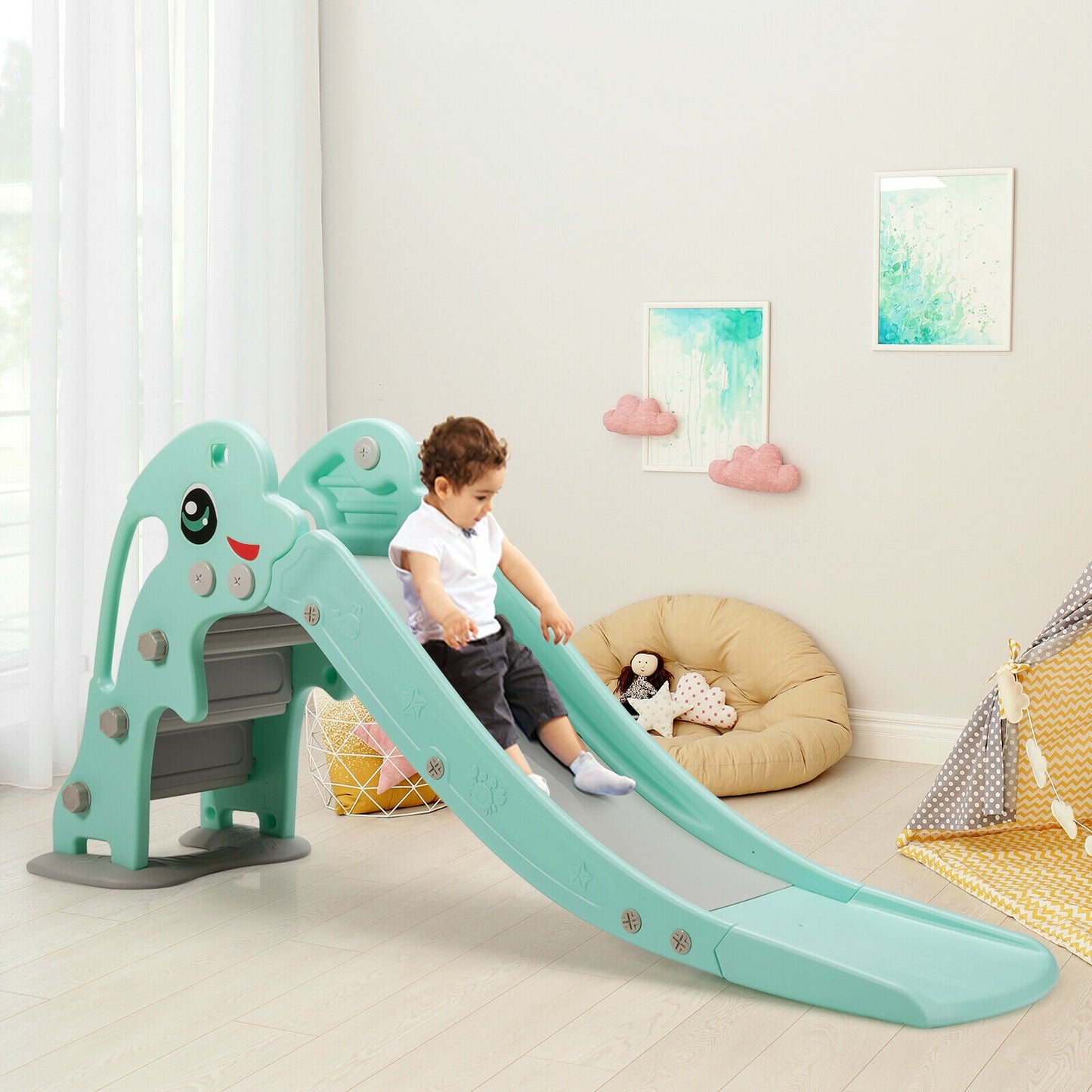 3-in-1 Kids Climber Slide Play Set, Basketball Hoop, Green Climbers & Slides at Gallery Canada