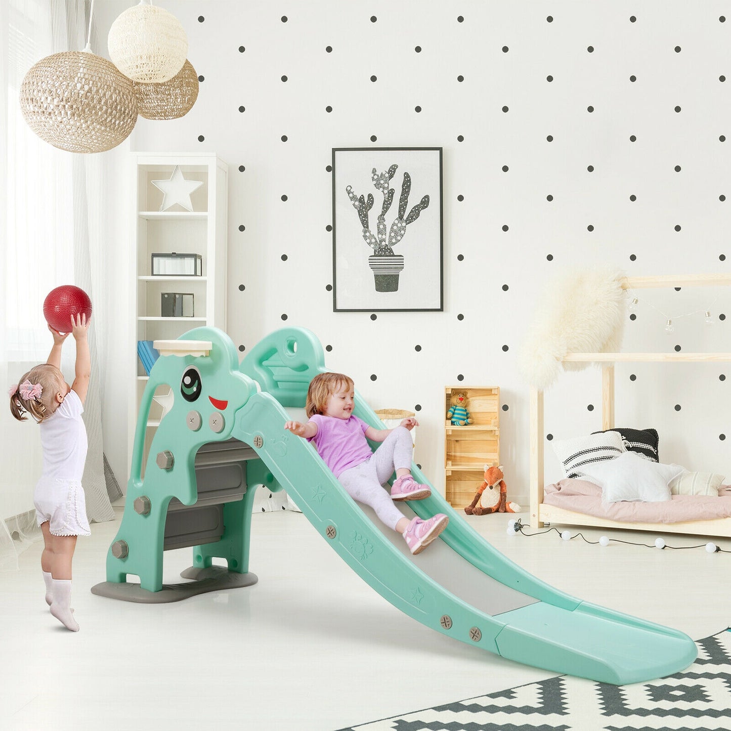 3-in-1 Kids Climber Slide Play Set, Basketball Hoop, Green Climbers & Slides at Gallery Canada