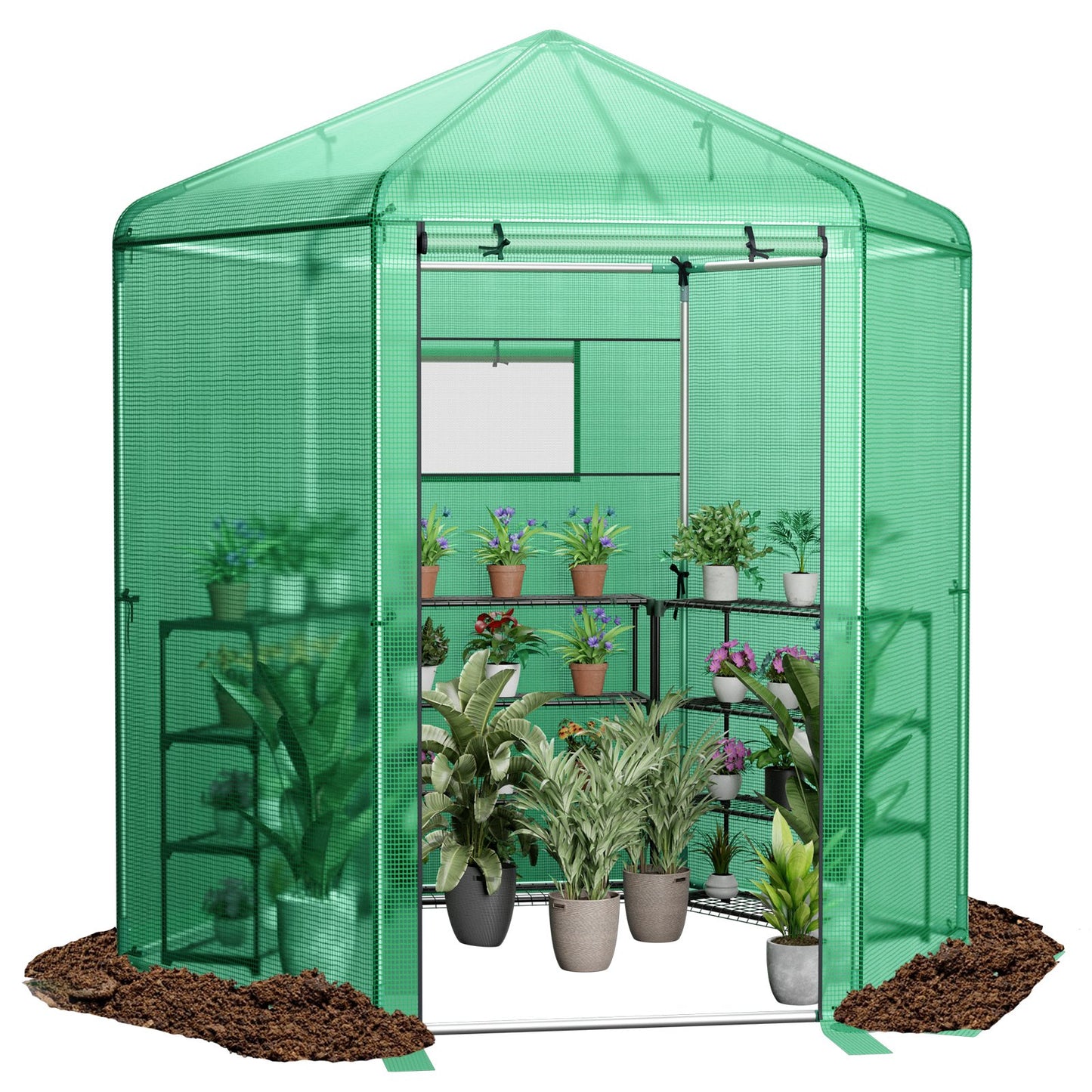 Walk-In Hexagonal Greenhouse with PE Cover and Metal Frame, Green - Gallery Canada