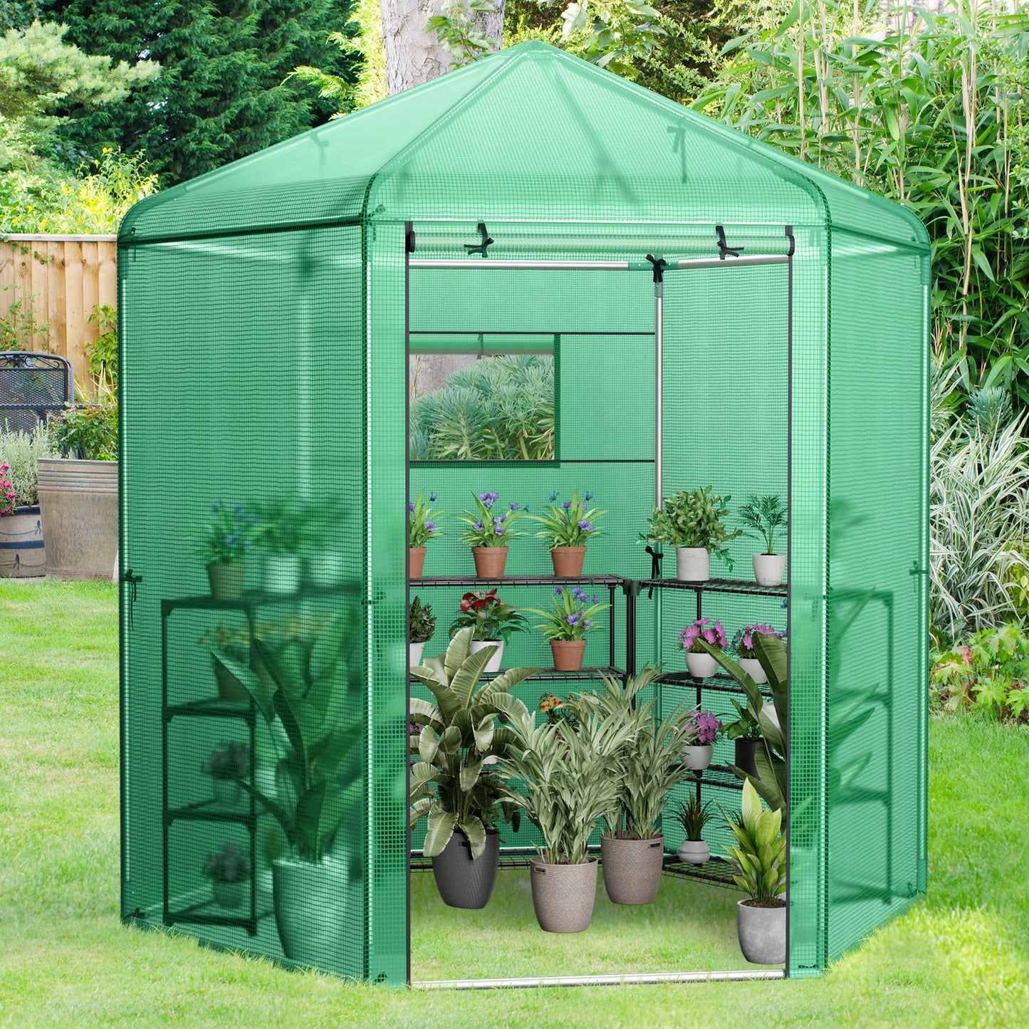 Walk-In Hexagonal Greenhouse with PE Cover and Metal Frame, Green - Gallery Canada