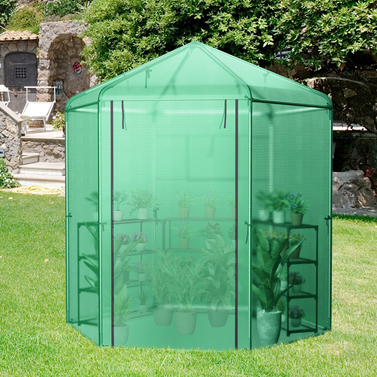 Walk-In Hexagonal Greenhouse with PE Cover and Metal Frame, Green Greenhouses at Gallery Canada