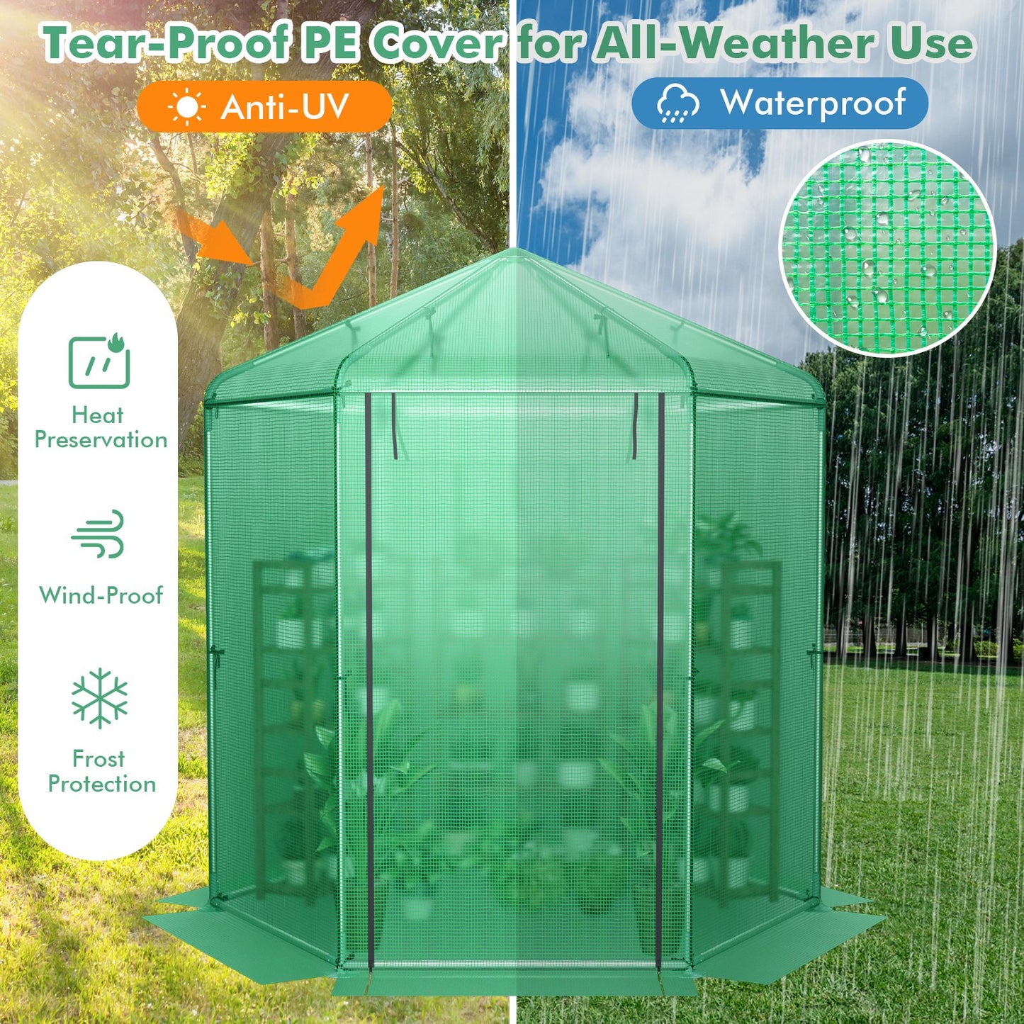 Walk-In Hexagonal Greenhouse with PE Cover and Metal Frame, Green