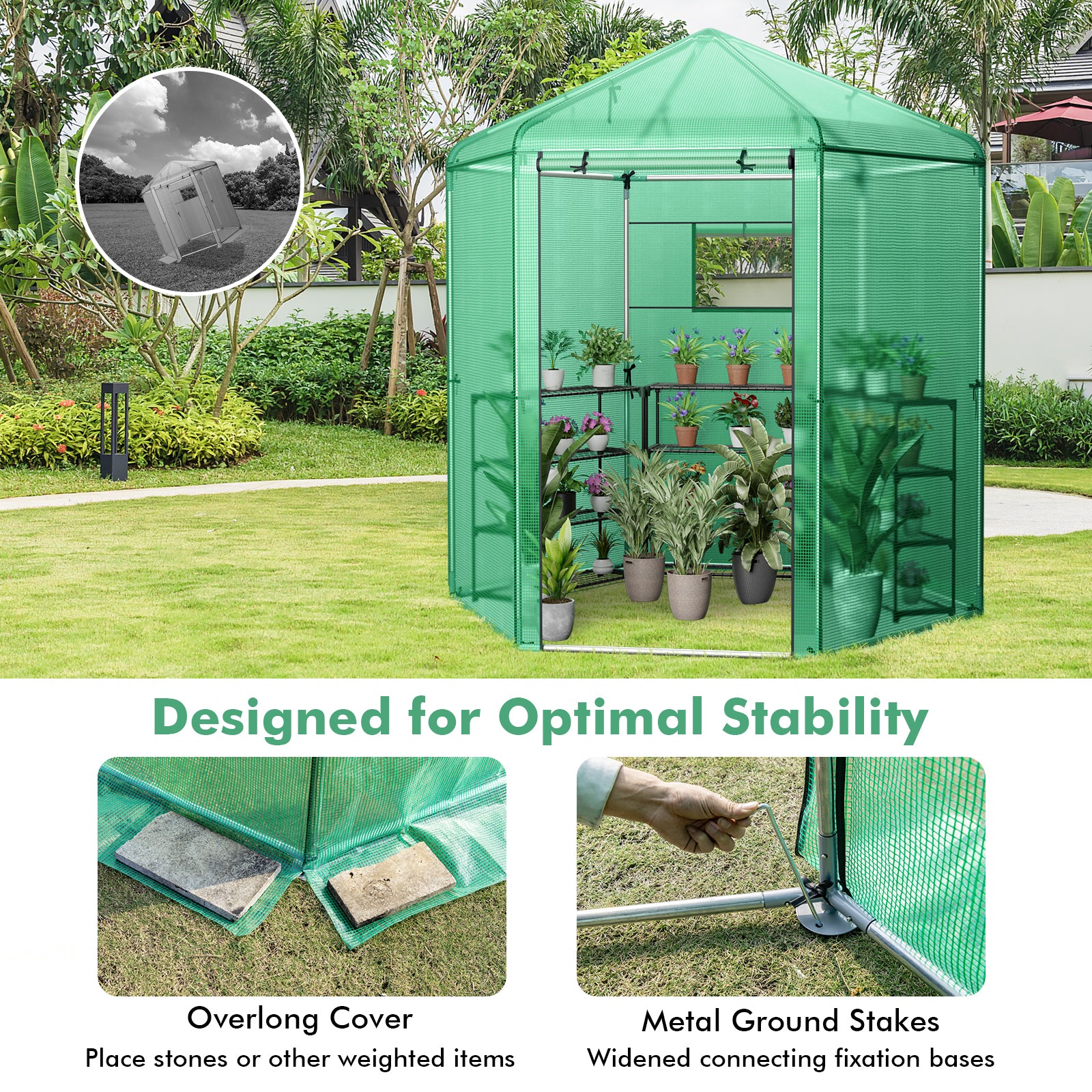 Walk-In Hexagonal Greenhouse with PE Cover and Metal Frame, Green Greenhouses at Gallery Canada
