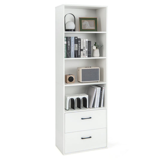 6-Tier Tall Bookshelf, 4 Open Shelves, 2 Drawers, White Bookcases White at Gallery Canada