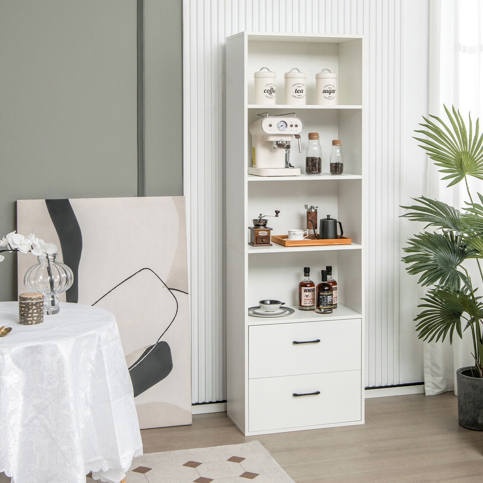 6-Tier Tall Freestanding Bookshelf with 4 Open Shelves and 2 Drawers, White Bookcases at Gallery Canada