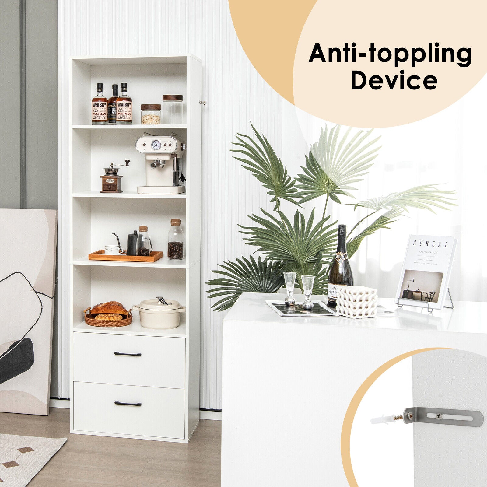 6-Tier Tall Freestanding Bookshelf with 4 Open Shelves and 2 Drawers, White Bookcases at Gallery Canada