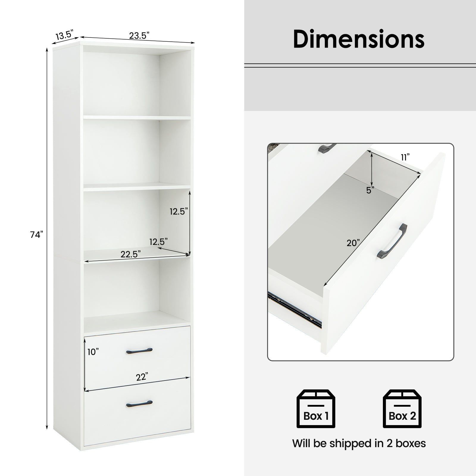 6-Tier Tall Freestanding Bookshelf with 4 Open Shelves and 2 Drawers, White Bookcases at Gallery Canada