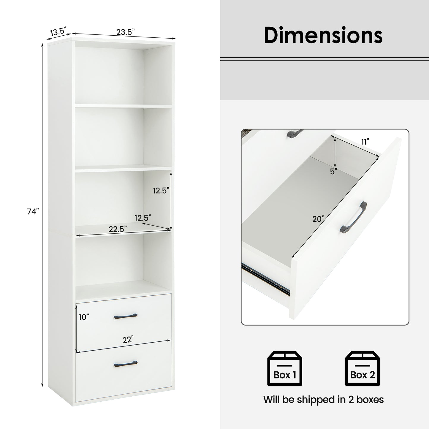 6-Tier Tall Freestanding Bookshelf with 4 Open Shelves and 2 Drawers, White Bookcases at Gallery Canada