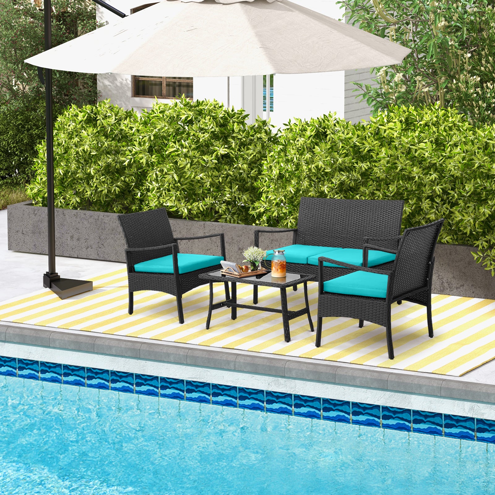 4 Piece Rattan Conversation Set, Tempered Glass Coffee Table, Turquoise Patio Conversation Sets at Gallery Canada