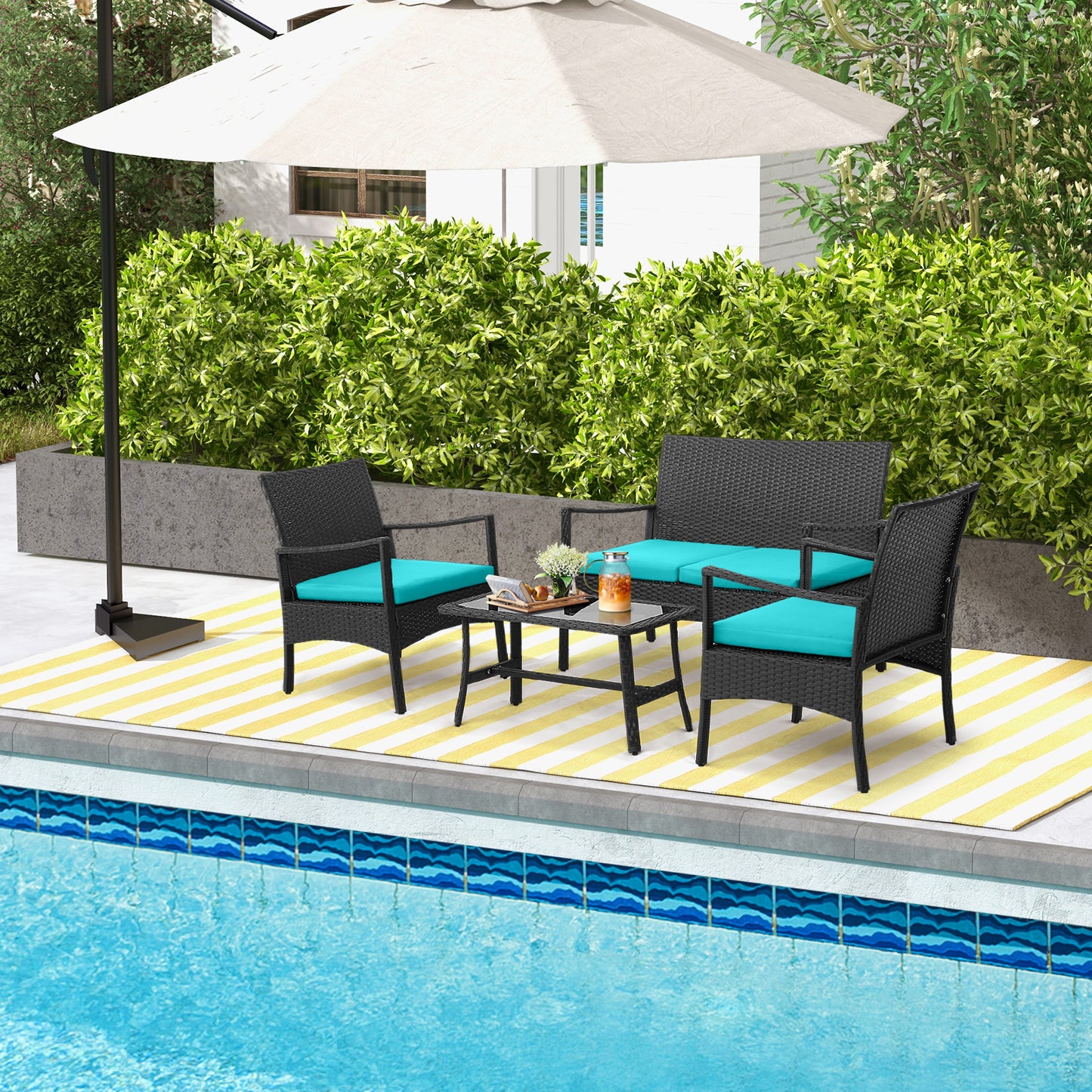 4 Piece Rattan Conversation Set, Tempered Glass Coffee Table, Turquoise Patio Conversation Sets at Gallery Canada