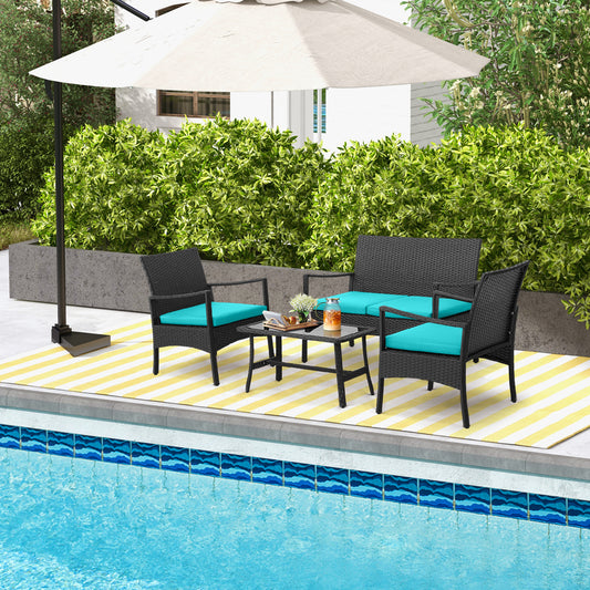 4 Piece Rattan Conversation Set, Tempered Glass Coffee Table, Turquoise Patio Conversation Sets Turquoise at Gallery Canada