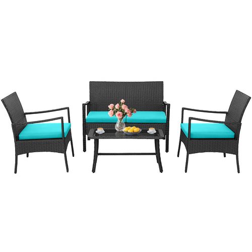 4 Pieces Rattan Conversation Set with Tempered Glass Coffee Table, Turquoise