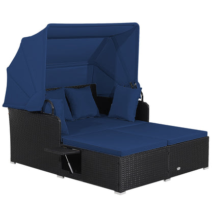 Patio Rattan Daybed with Retractable Canopy and Side Tables, Navy Outdoor Sectionals Navy at Gallery Canada