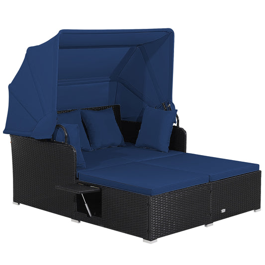 Patio Rattan Daybed with Retractable Canopy and Side Tables, Navy Outdoor Sectionals Navy at Gallery Canada