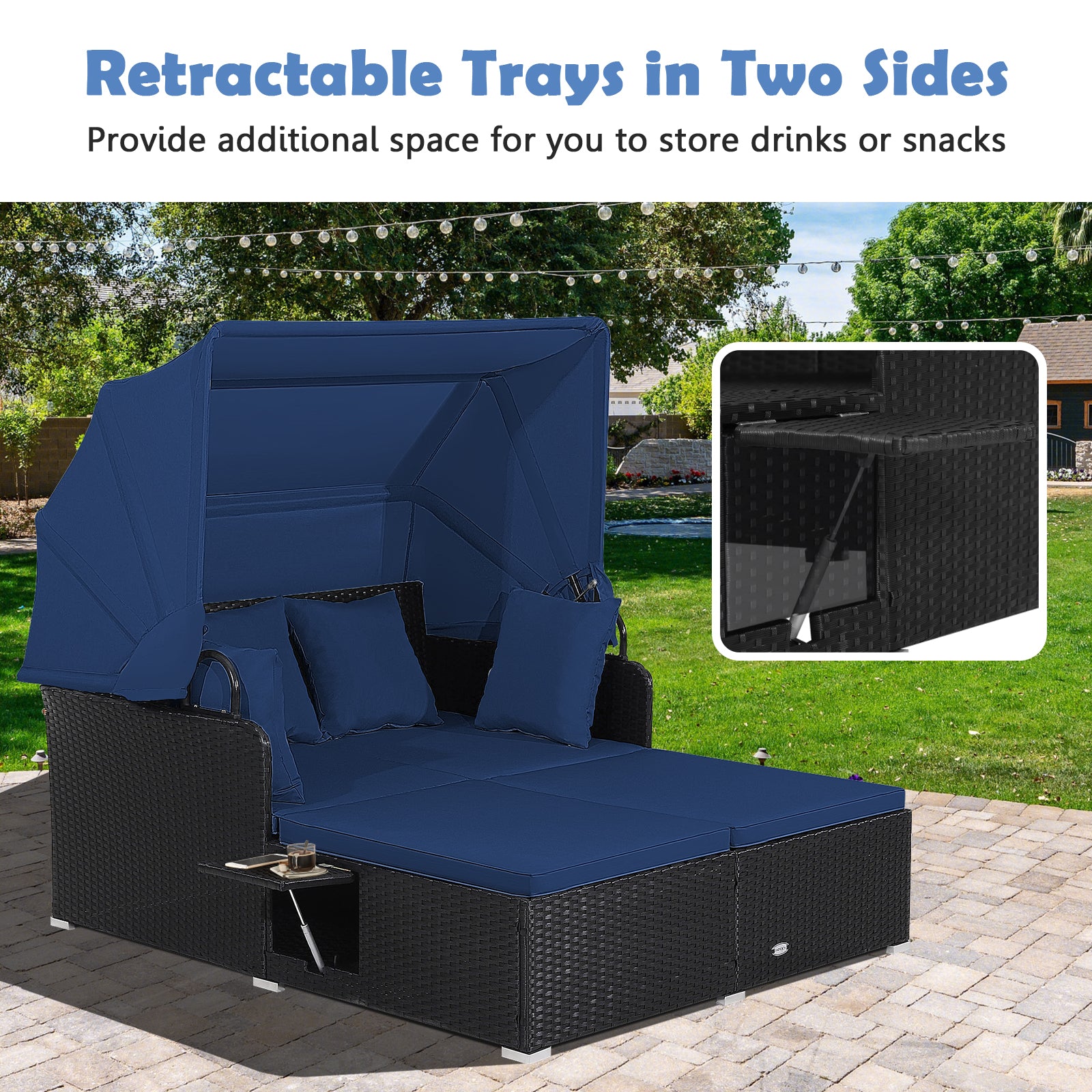 Patio Rattan Daybed with Retractable Canopy and Side Tables, Navy Outdoor Sectionals at Gallery Canada