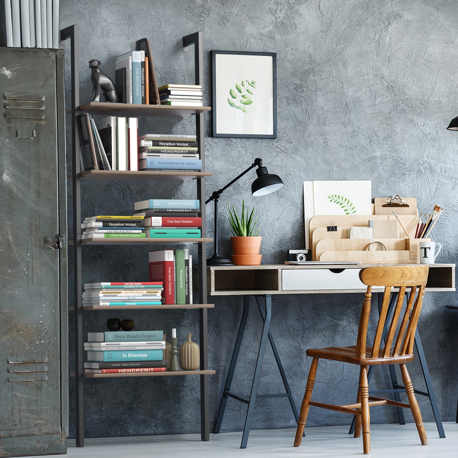5-Tier Wood Look Ladder Shelf with Metal Frame for Home, Deep Brown Bookcases at Gallery Canada