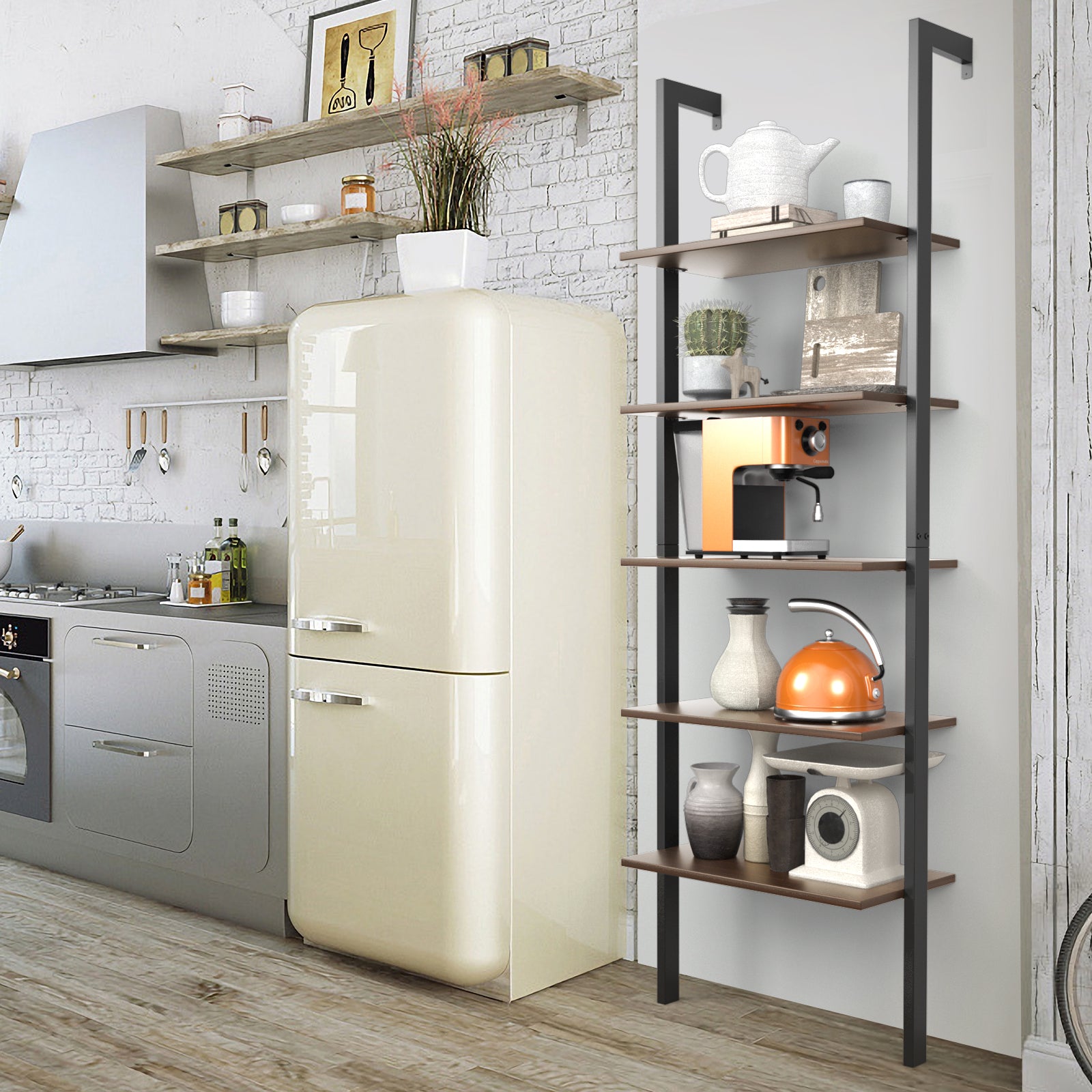 5-Tier Wood Look Ladder Shelf with Metal Frame for Home, Deep Brown Bookcases at Gallery Canada