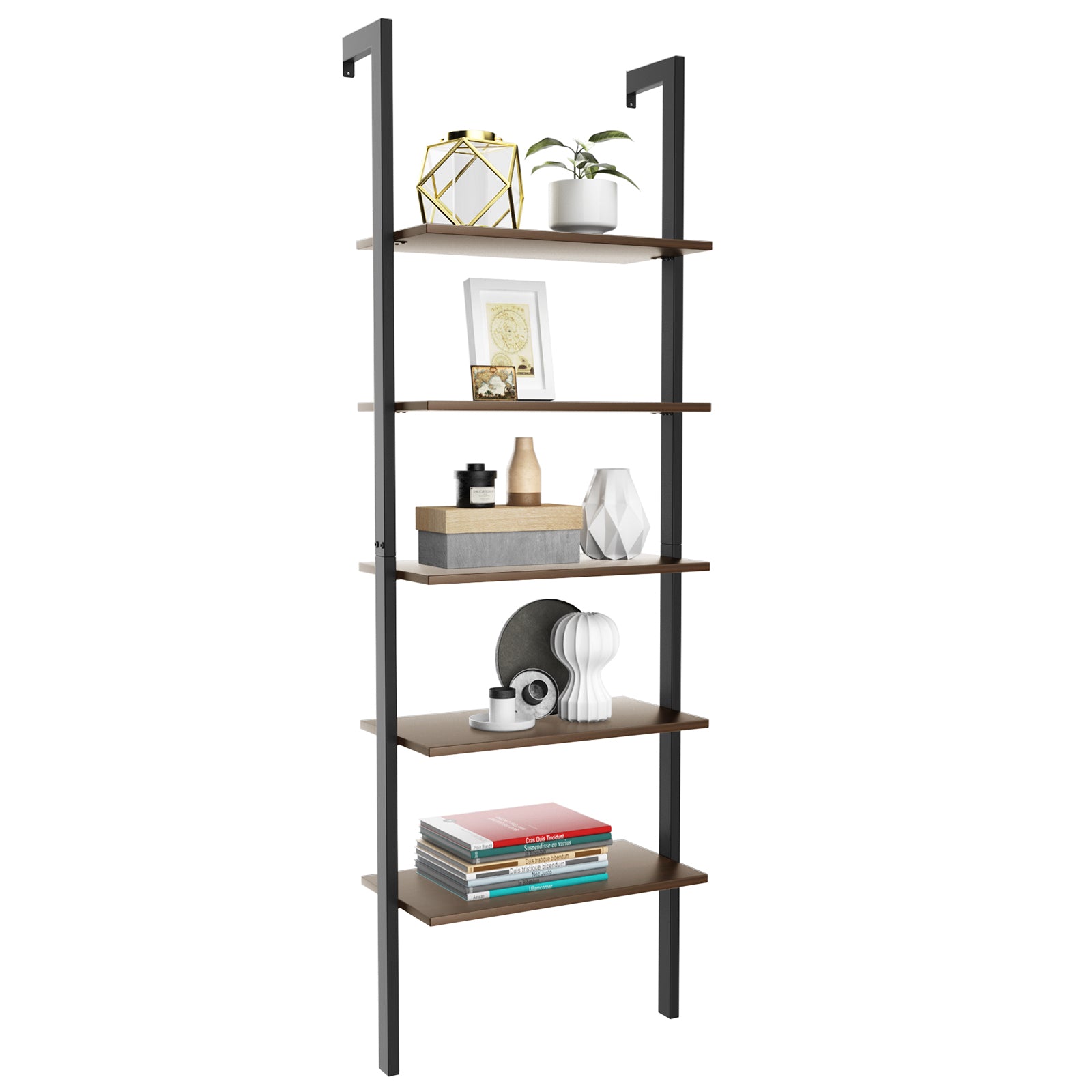 5-Tier Wood Look Ladder Shelf with Metal Frame for Home, Deep Brown Bookcases at Gallery Canada