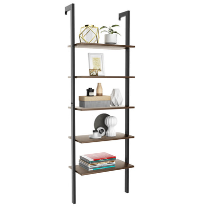 5-Tier Wood Look Ladder Shelf with Metal Frame for Home, Deep Brown Bookcases at Gallery Canada