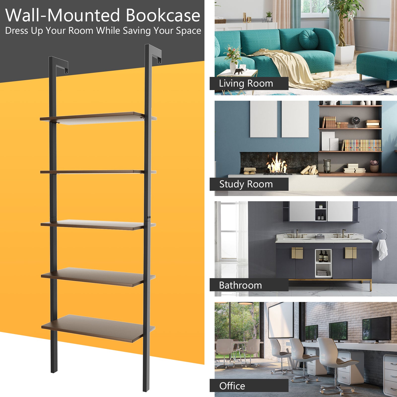 5-Tier Wood Look Ladder Shelf with Metal Frame for Home, Deep Brown Bookcases at Gallery Canada