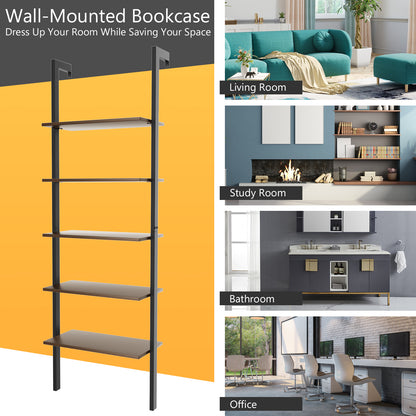 5-Tier Wood Look Ladder Shelf with Metal Frame for Home, Deep Brown Bookcases at Gallery Canada