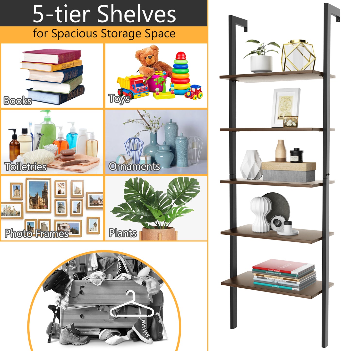 5-Tier Wood Look Ladder Shelf with Metal Frame for Home, Deep Brown Bookcases at Gallery Canada