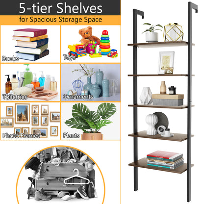 5-Tier Wood Look Ladder Shelf with Metal Frame for Home, Deep Brown Bookcases at Gallery Canada