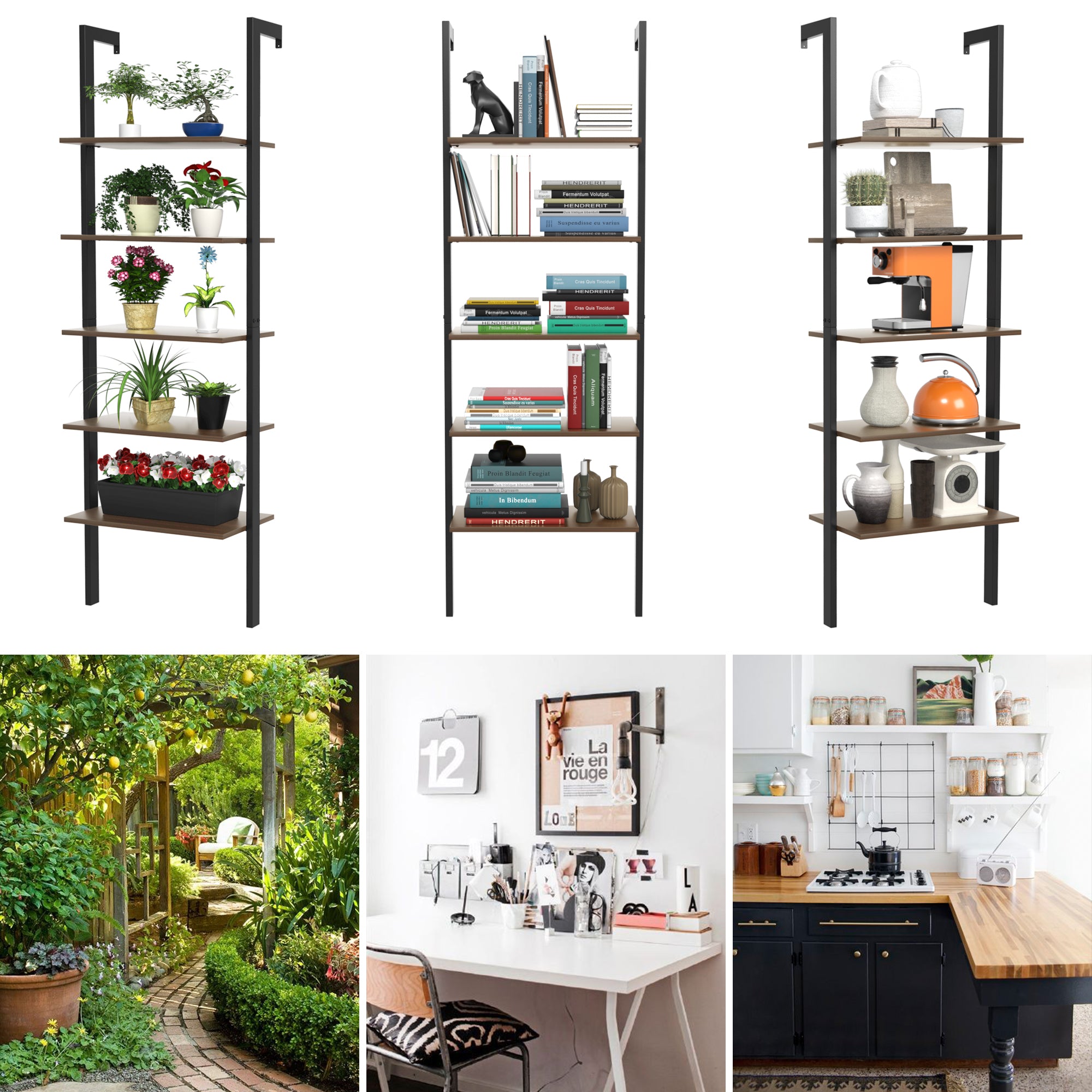 5-Tier Wood Look Ladder Shelf with Metal Frame for Home, Deep Brown Bookcases at Gallery Canada