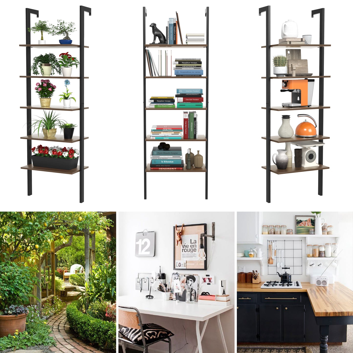 5-Tier Wood Look Ladder Shelf with Metal Frame for Home, Deep Brown Bookcases at Gallery Canada