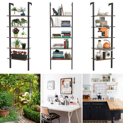 5-Tier Wood Look Ladder Shelf with Metal Frame for Home, Deep Brown Bookcases at Gallery Canada