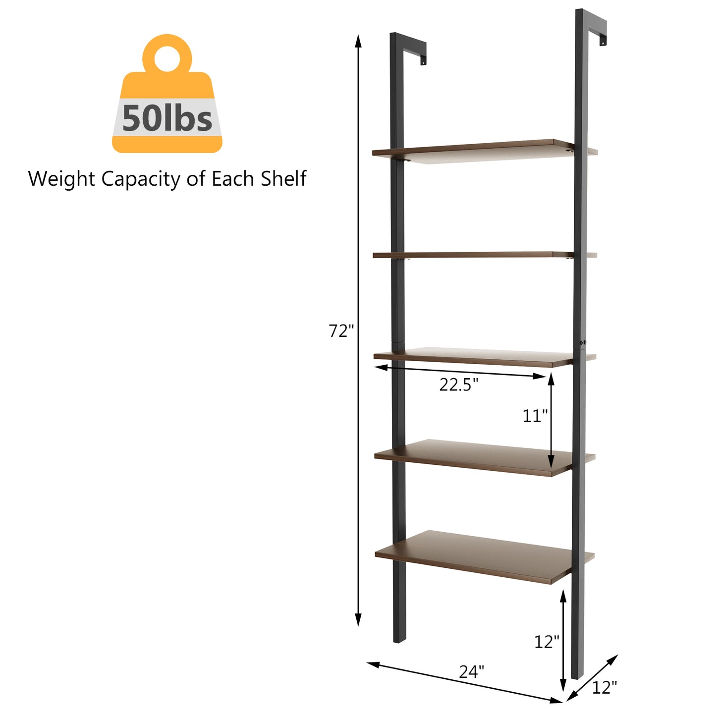 5-Tier Wood Look Ladder Shelf with Metal Frame for Home, Deep Brown Bookcases at Gallery Canada