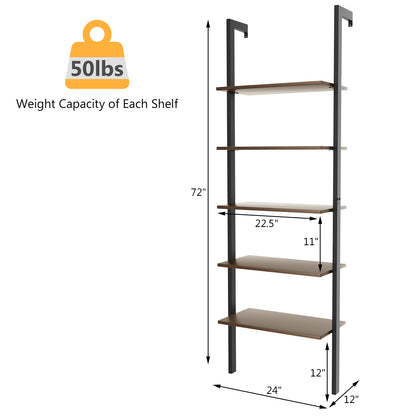 5-Tier Wood Look Ladder Shelf with Metal Frame for Home, Deep Brown Bookcases at Gallery Canada