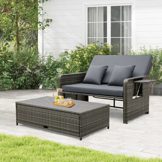Wicker Loveseat Sofa with Multipurpose Ottoman and Retractable Side Tray, Gray - Gallery Canada