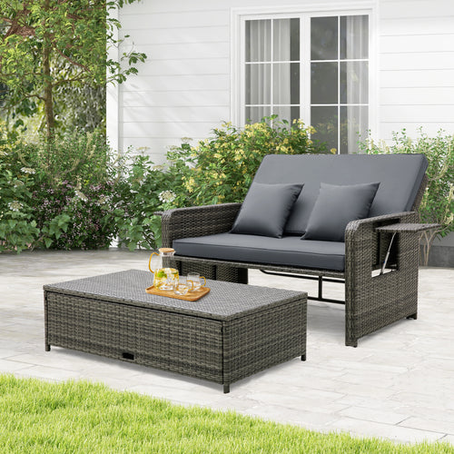 Wicker Loveseat Sofa with Multipurpose Ottoman and Retractable Side Tray, Gray