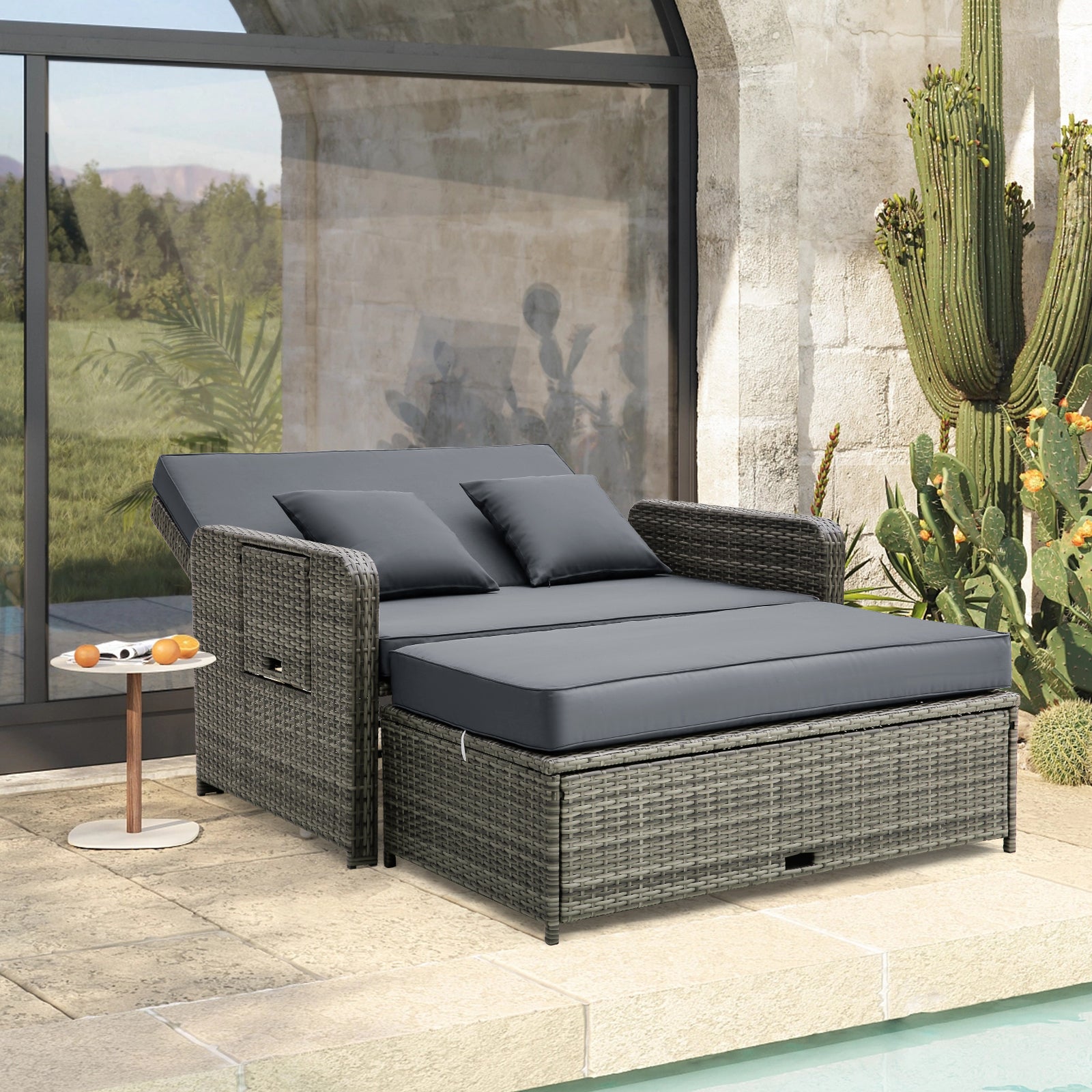 Wicker Loveseat Sofa with Multipurpose Ottoman and Retractable Side Tray, Gray Patio Furniture Sets at Gallery Canada