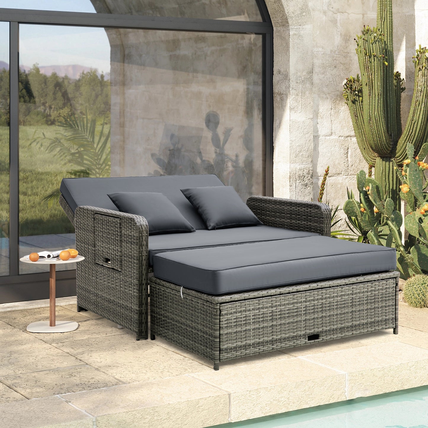 Wicker Loveseat Sofa with Multipurpose Ottoman and Retractable Side Tray, Gray Patio Furniture Sets at Gallery Canada